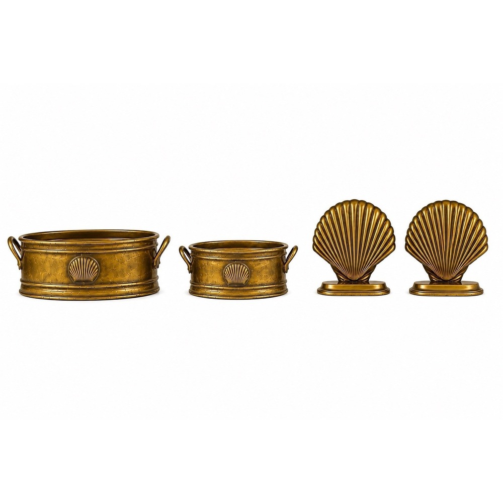 Vintage Brass Seashell Bookends & Planters Set Coastal Nautical Regency Decor